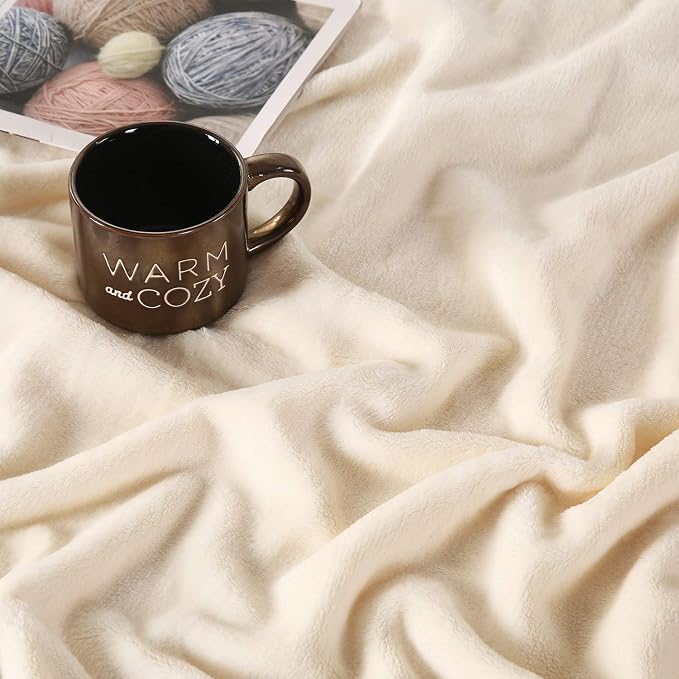 TASTHROW Large Flannel Fleece Throw Blanket, 50×70 Inch - Creamwhite | Cozy Lightweight Thick Blanket - All Seasons Suitable for Women, Men and Kids