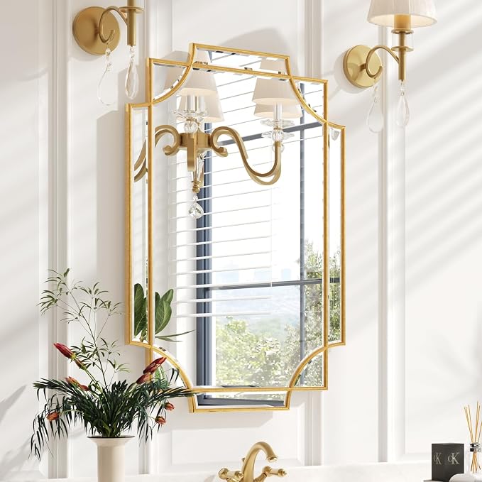 Kelly Miller 20"x30" Gold Foil Scalloped Edge Decorative Vanity Wall Mirror | Hand-Applied Gold Foil Finish. HD Mirror With French Cleat. Elegant Beveled Wall Mirror Decor For Bathroom Bedroom Entryway.