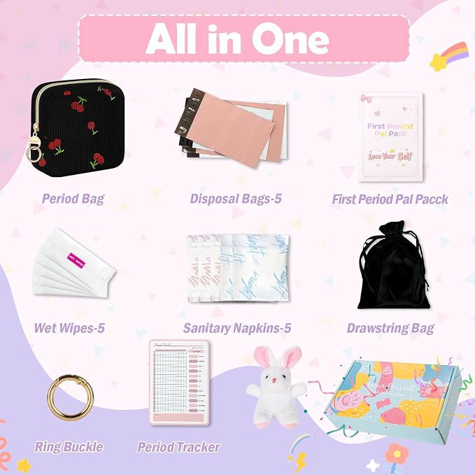 First Period kit for Girls, Corduroy Cute Sanitary Napkin Storage Bag, Menstrual Pad Bag Tampon Holder for Purse, First Period Gifts (Cherry-Black)