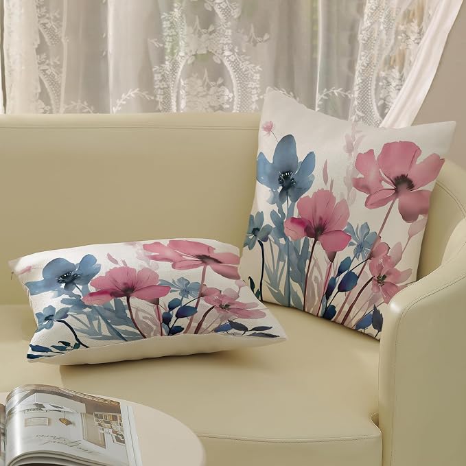 Spring Floral Pillow Covers 18x18 Inches Set of 2 Pink Blue Floral Throw Pillow Covers Outdoor Rustic Summer Flower Decor Pillowcase Farmhouse Decorative Square Cushion Cover for Sofa Couch