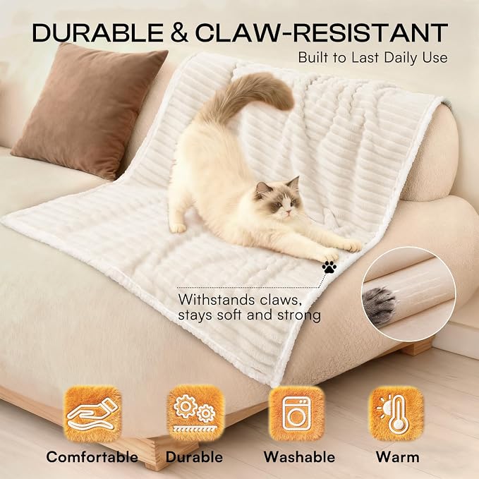 Luciphia Waterproof Dog Blanket, Washable Reversible Flannel Pet Throw | Reversible fleece cover for couch, bed, and crate; calming, and claw-resistant for dogs, cats, puppies White L(65''x57'')