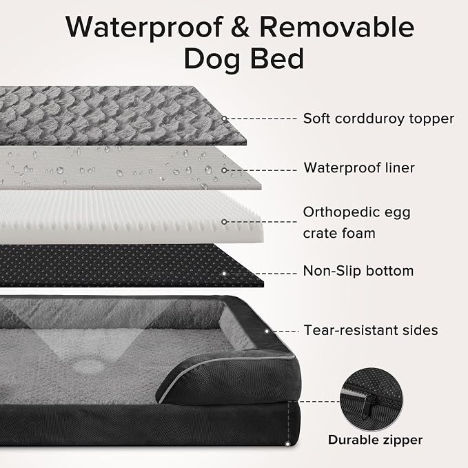 XXL Plus Orthopedic Dog Beds Large Sized, XL Washable Dog Sofa with Egg-Crate Foam, Waterproof Lining and Non-Skid Bottom