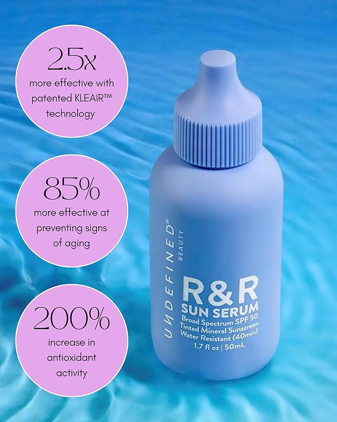 Undefined Beauty R&R Sun Serum SPF 50 PA++++ Tinted Mineral Sunscreen with Niacinamide, Water Resistant Broad Spectrum Protection & Blue Light Defense (Medium Tint)