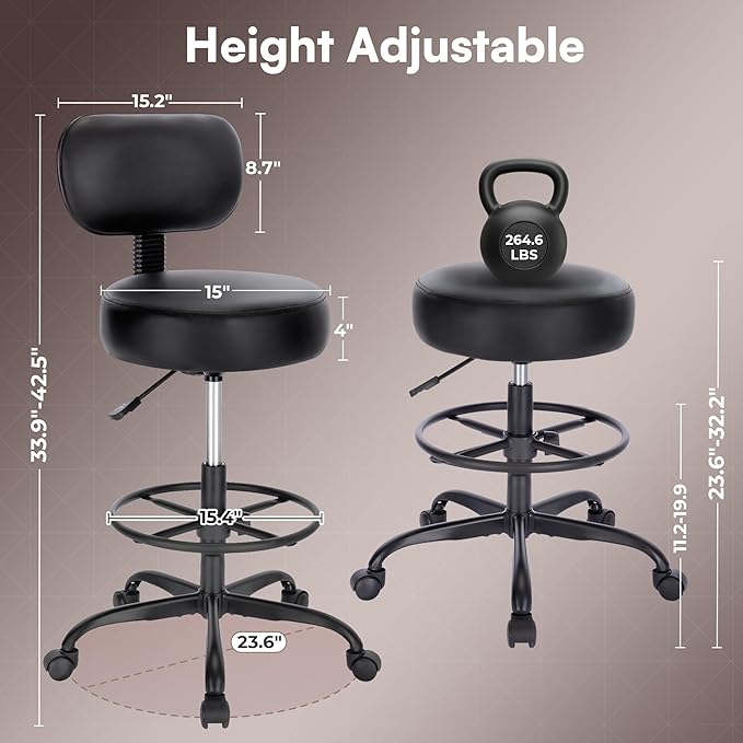 SUPERJARE Drafting Chair with Back, Adjustable Foot Rest Rolling Stool, Multi-Purpose Office Desk Chair, Thick Seat Cushion for Home Bar Kitchen Shop - All Black 7205DD