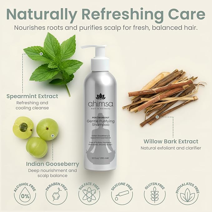 Ahimsa Gentle Purifying Shampoo, Daily Clarifying Shampoo for Dry Hair & All Hair Type with Indian Gooseberry & Willow Bark Extract, Sulfate-Free Scalp Cleanser for Build Up Removal, Spearmint (10 oz)
