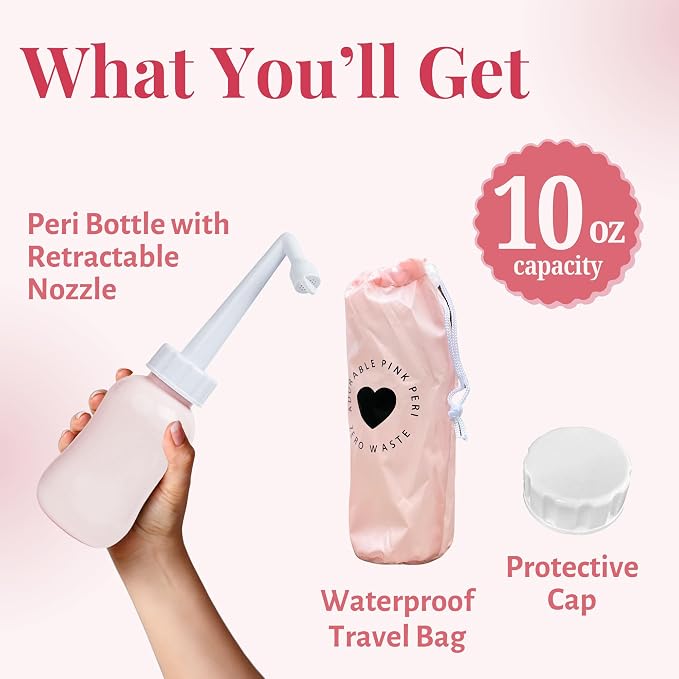 Adorable Pink Peri - Peri Bottle After Birth Care for Postpartum Essentials Feminine Pink Portable Bidet Water Squeeze Spray Bottle for Pain Relief tears Hemorrhoids with Bottle Cap 360 ml (12 oz)