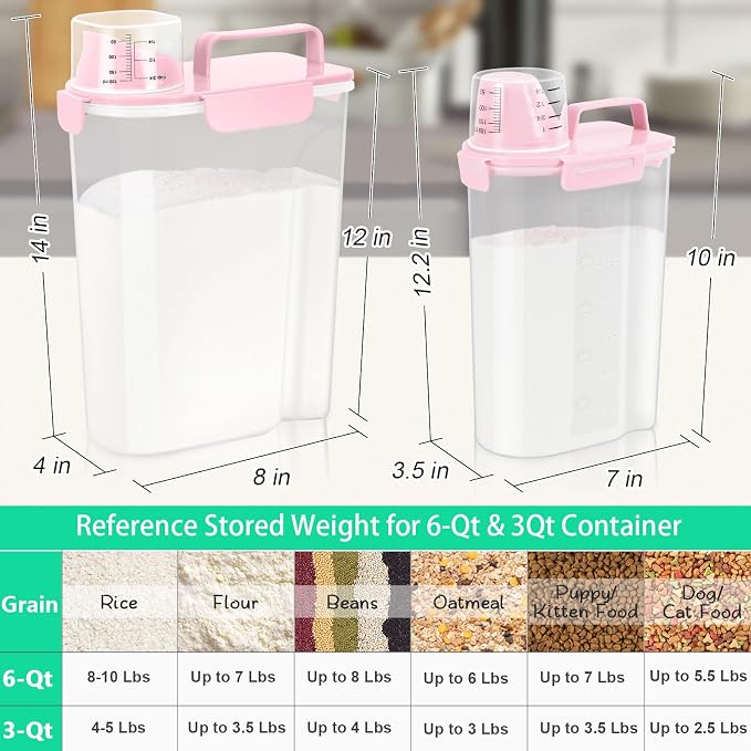 TBMax 2 Pack Airtight Rice Container 5 Lbs +10 Lbs, Cereal Container Oatmeal Storage with Easy-pouring Spout & Handy Cup for Flour Grain Beans, Pet Dog Cat Bird Food Storage Dispenser -Pink