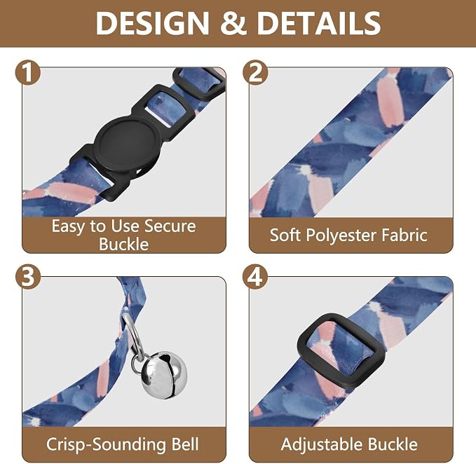 Watercolor Brush Strokes Blue Collar for Kitten, 2 Pack Dog Bell Collar