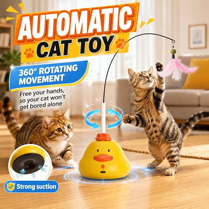 Automatic Cat Toys, Interactive Cat Toys for Indoor Cats | 360° Rotating Moving Cat Fishing Pole Toy, 2 Speeds with Bird Sound, 8cm Suction Cup & Weighted Base