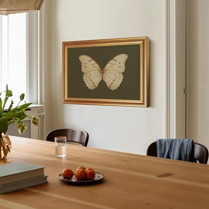 JLTULT Gold Framed Butterfly Wall Art, Dark Green Canvas, 16 x 24 Inches | Ivory butterfly art on fade-resistant dark green canvas with a ready-to-hang gold-tone PS frame for bedrooms and offices