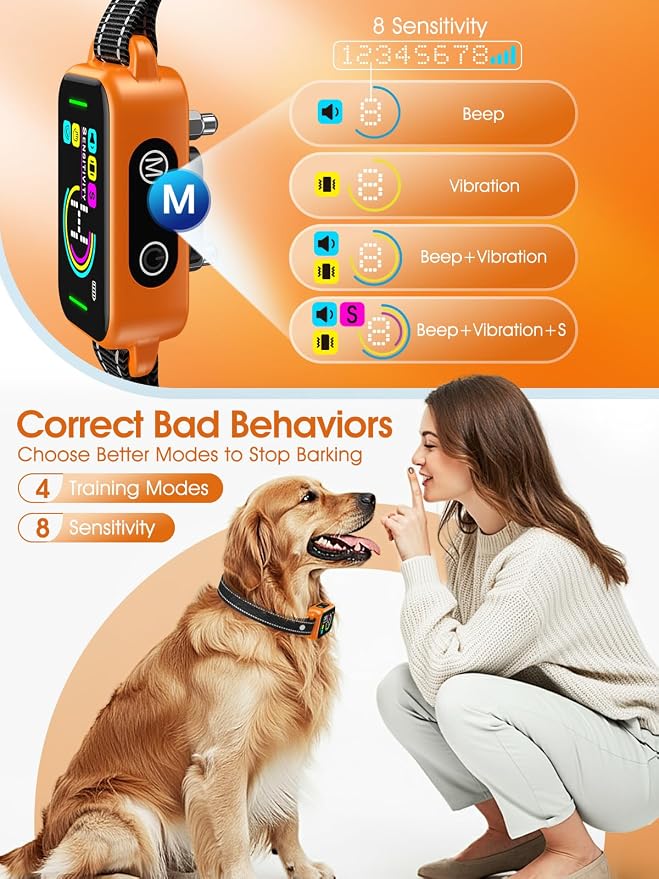 DINJOO Bark Collar for Large Medium Small Dogs - Smart AI 1S Stop Barking, Anti Barking Device & Dog Training Collar with Beep, Vibration & 8-Level Sensitivity, IP67 Waterproof - Pastel Orange