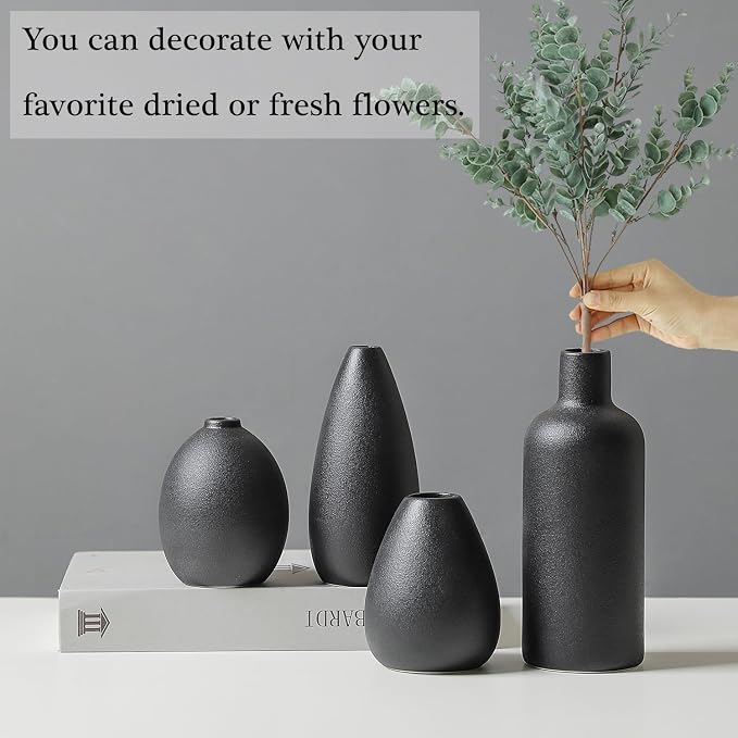 CEMABT Black Ceramic Vase Set - 4 Small Unique Vases for Flowers, Modern Decorative Centerpieces and Home Decor