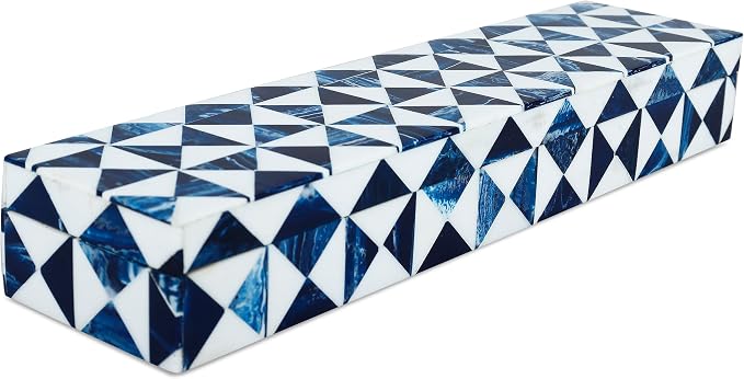 Handicrafts Home Blue and White Decorative Storage Box with Lid – Slim Remote Control Holder Box, Handmade Resin Inlay Wooden Box, Coffee Table Organizer, Small Keepsake Storage Box - 10x2.5x1.5 Inch