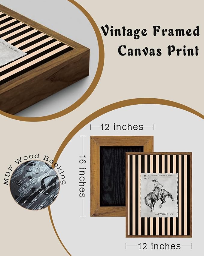 ZZLWBKGL Western Wall Decor Cowboy Canvas Art Vintage Framed Wall Art | Farmhouse Striped Artwork Retro Country West Stamp Picture Bucking Bronco Paintings for Living Room Bedroom 12x16in