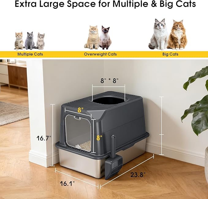 Enclosed Stainless Steel Litter Box with Lid for Most Adult Cats | 50% Thicker Metal, Leak-Proof High Sides, 3-in-1 Convertible, Non-Stick Surface, Odor Resistant, Easy Clean