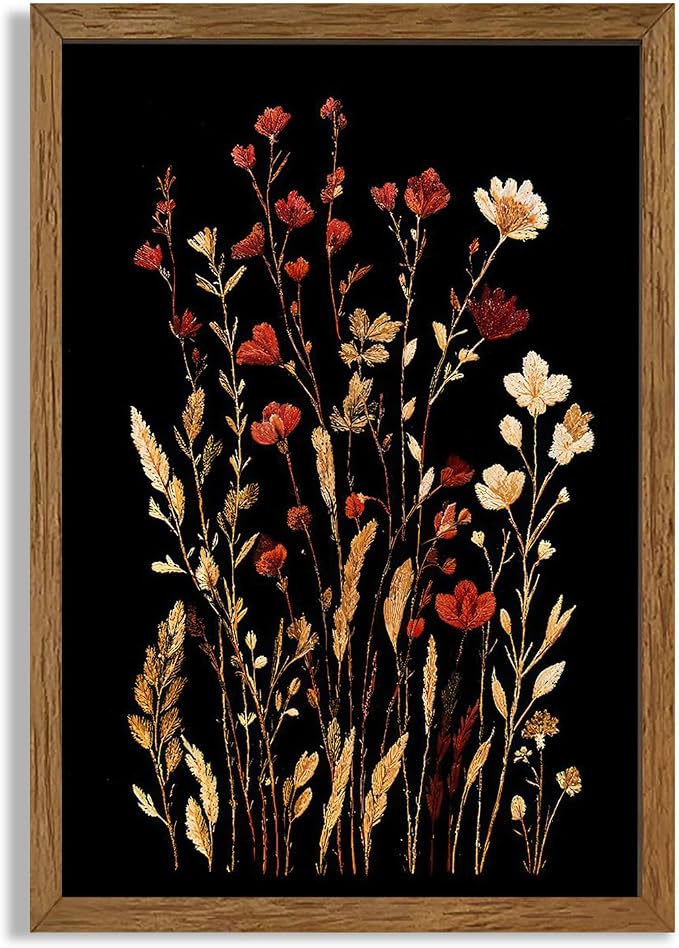 JLTULT Black Floral Wall Art, Vintage Wildflower Framed Canvas, 20 x 30 in | Black-background wildflower art on fade-resistant canvas with a ready-to-hang solid wood frame for bedrooms and bathrooms