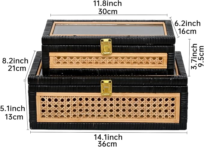 Black Rattan Decorative Storage Boxes with Glass Lids – Set of 2 Ribbed Wood Display Cases with Cane Weave & Solid Base – Nesting Coffee Table Organizer for Boho Chic Home Decor, Keepsakes