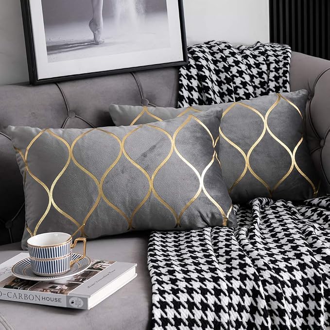 Gold Velvet Throw Pillow Covers: 2 Pack 12x20 Inch Rectangular Decorative Pillow Cases for Bedroom Sofa Couch Living Room, Light Grey