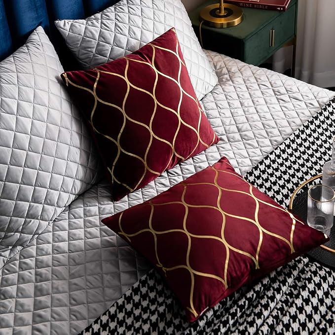 Gold Velvet Throw Pillow Covers: 2 Pack 16x16 Inch Square Decorative Pillow Cases for Bedroom Sofa Couch Living Room, Burgundy Red