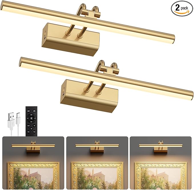 Battery Operated Wall Light, Set of 2, Gold, Remote Control | 13.8'' 4000mAh Cordless,Gold Wall Light, Magnetic for Easy to Charge,Timers, Display for Gallery Living Room Bedroom