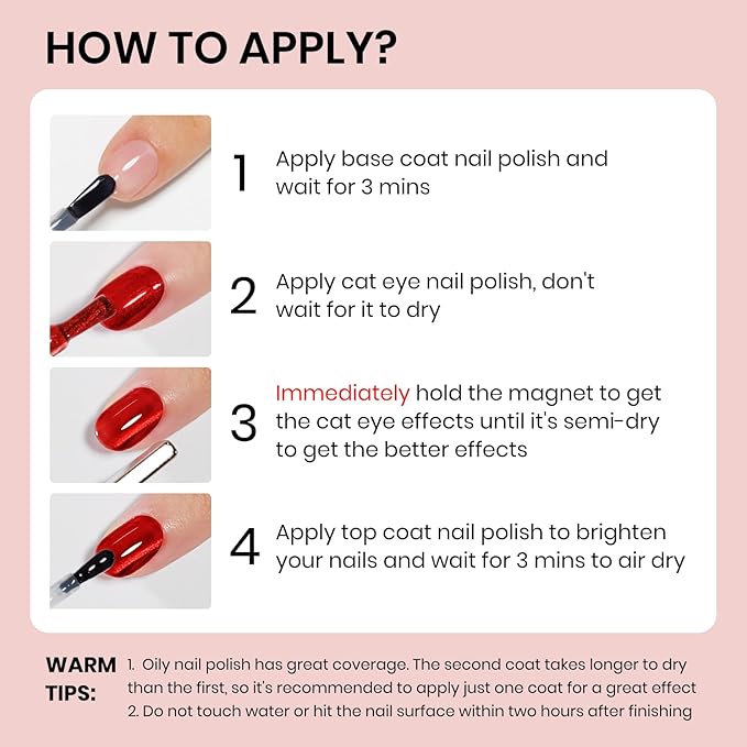 Red Quick Dry Cat Eye Nail Polish Non Gel, Magnetic Nail Polish with Magnet Cateye Fingernail Lacquer Air Fast Drying Manicure Gift For Women Girls 16ml/0.54 oz
