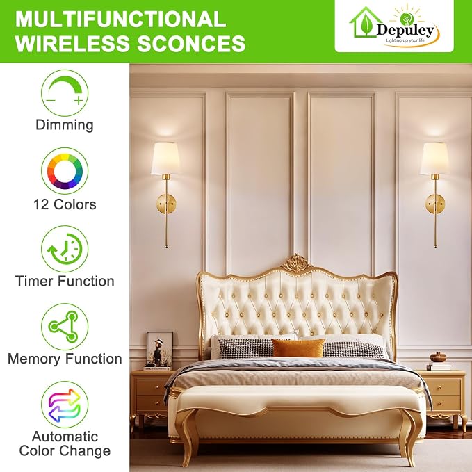 Depuley Battery Operated Wall Sconce: Set of 2 Wireless Wall Lights with Remote for Bedroom - Rechargeable 15 Colors Gold Wall Lamp for Living Room Hallway (Pack of 2)