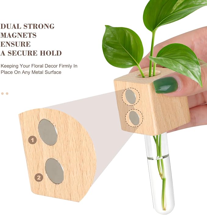 Magnetic Test Tube Flower Vases for Refrigerator, Set of 2 | Wooden magnetic vases in a natural wood finish for fresh cuttings and plant propagation. Plant not included.