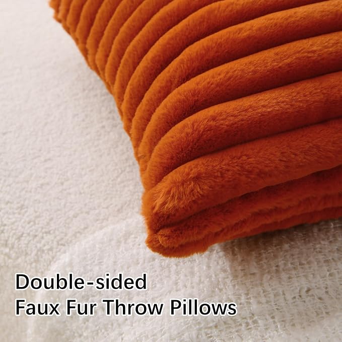 Decorative Throw Pillow with Inserts, Set of 2 Soft Faux Fur Throw Pillows, Square Boho Striped Pillow for Couch, Bed, Sofa Decor (Brownish-Orange, 16" x 16"(Pack of 2))