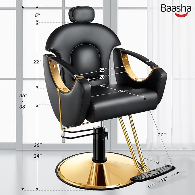 Baasha Ergonomic Reclining Hair Salon Chair, Gold Styling, Removable Headrest, 360 Swivel, Black