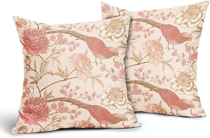 Flowers Birds Pillow Covers 18X18 Inch Set of 2 Pink White Roses Floral Leaf Decorative Pillow Cases Art Retro Gold Cotton Linen Cushion Case Vintage Home Decor for Sofa Couch Porch Outdoor