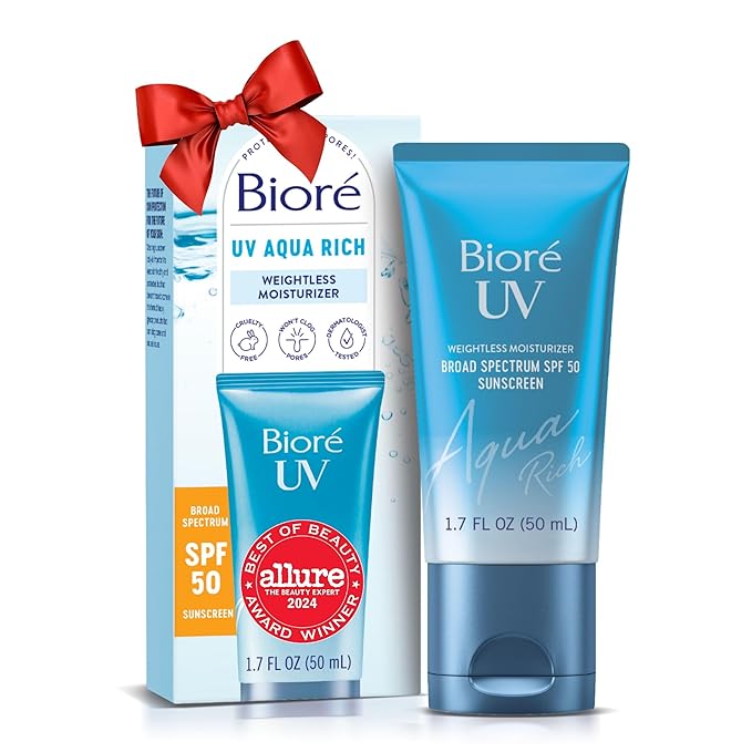 Biore UV Aqua Rich Daily Hydrating Facial Moisturizer with SPF 50 | Oil Free Sunscreen for Sensitive Skin with Hyaluronic Acid, Non-Comedogenic, Dermatologist Tested, 1.7 Oz