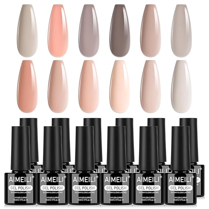 AIMEILI Nude Neutral Gel Nail Polish Set 12pcs, Hema Free, Cruelty Free, Vegan, Soak Off U V LED Nail Art Manicure Salon DIY - Kit 39