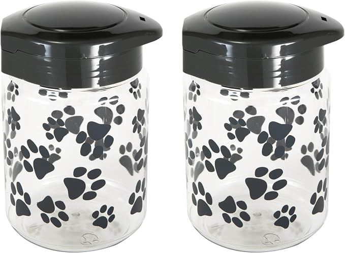 Lixit® Dog Treat Plastic Jar - Airtight Food and Treat Storage Jars for Dogs, Cats, Small Animals and Birds - Made in USA (Paw Prints - Gray, 64 Ounce (Pack of 2))