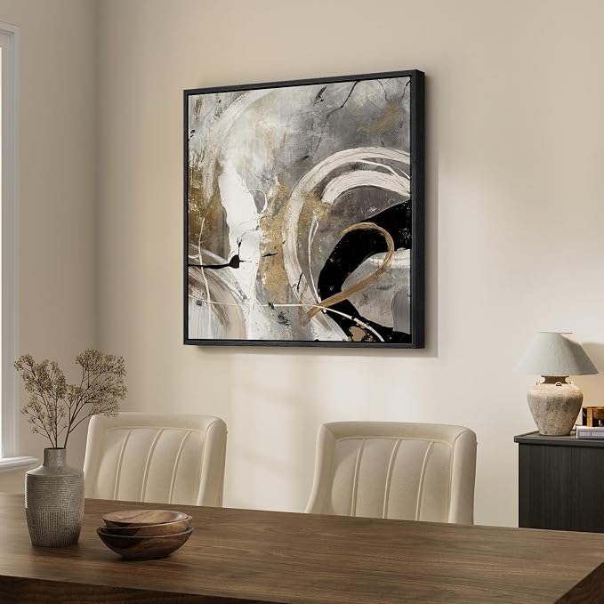 Framed Neutral Abstract Wall Art, Modern Gray Black Gold Canvas Prints Artwork for Walls, Contemporary Square Pictures for Living Room Bedroom Dining Room Hallway Office Wall Decor, 30x30 In