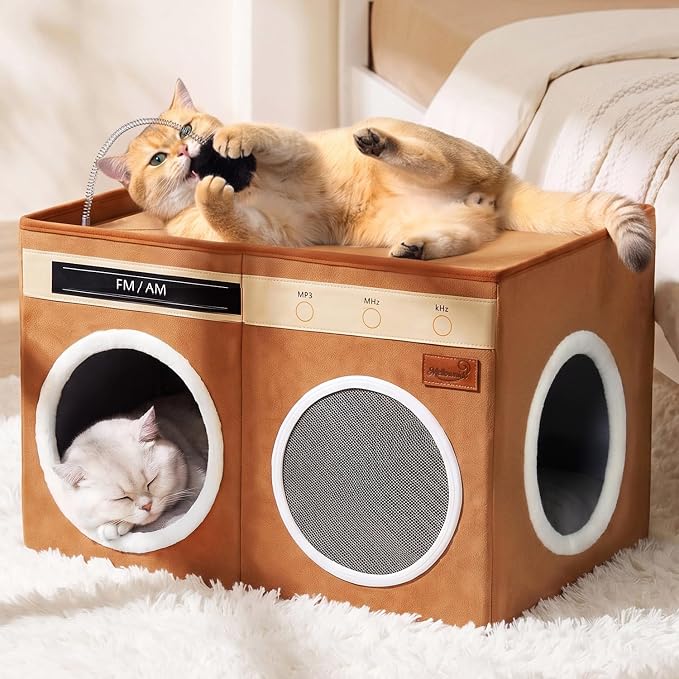 Retro Radio Cat House, Large Foldable Cat Bed Indoor Cat Cave | Spacious Multi-Cat Sleeping Hideaway Pet Nest, Non-Sticky Fur Fabric, Scratch Pad & Bendable Antenna Ball 13×19.7×15.8 Inches