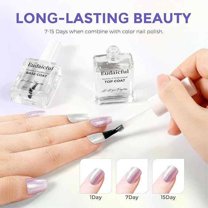 Nail Polish Top and Base Coat Set 2Pcs, Quick Drying & Long Lasting Shine Clear Nail Polish Nail Strengthener Nail Lacquer and Growth, Protects Nails and Nourishes Nails at Home, 15ML