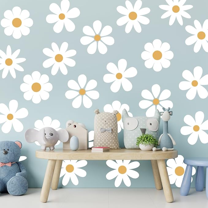 TaoBary 12 Sheet Daisy Wall Sticker Decal,White, Yellow,Novelty Style | Big Flower Wall Sticker, Pink White Floral Decal, Daisy Bedroom Room Decor, Removable Peel and Stick, Nursery Home Wall Decor
