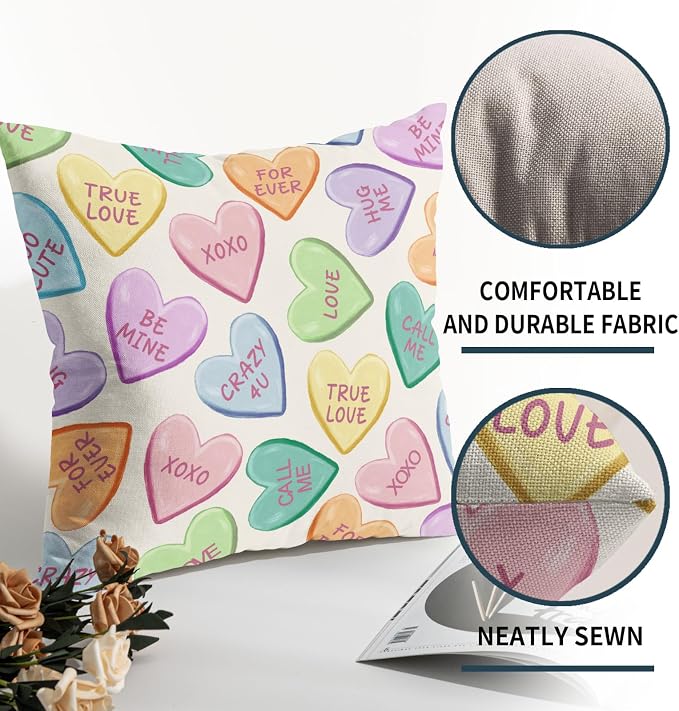 Valentine's Day Pillow Covers 22X22 Inch Set of 2 Colorful Cute Hearts Decorative Pillow Cases Candy Love Heart Anniversary Wedding Cushion Case Valentine Party Home Decor for Sofa Couch