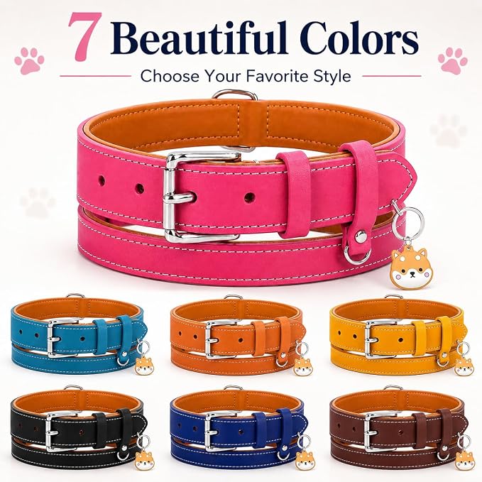 Genuine Leather Dog Collar, Soft Padded Leather Dog Collars with Airtag Holder Case for Small Medium Large X-Large Dogs,Comfort Heavy Duty Pet Collar with Durable Metal Buckle & D-Ring-Pink/XL