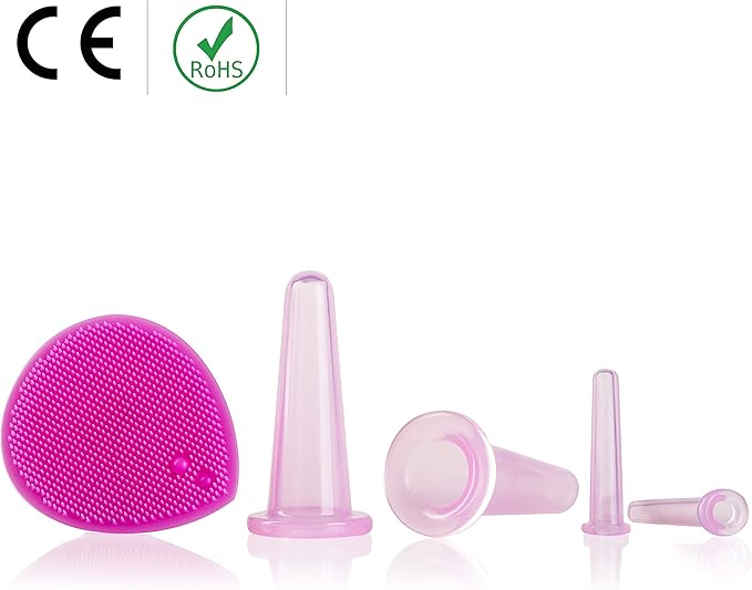 Face Cupping Set - Cupping Therapy Sets - Facial Cupping System - Silicone Massage Cups - Double Chin Reducer - Cupping for Cellulite Kit - Ideal to Shape Your Cheeks and Chin - by Sandine (Pink)