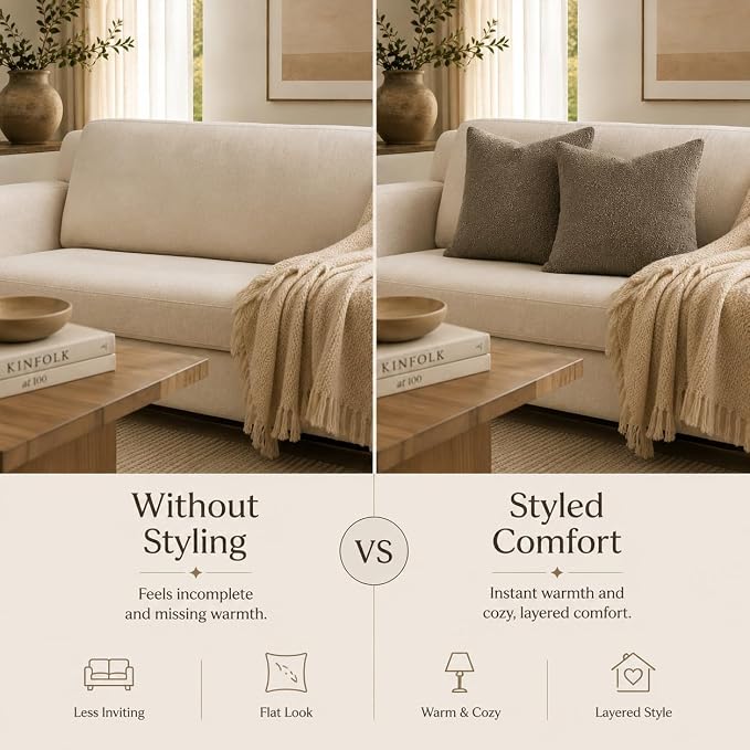 JoraLion 18x18 inch Boucle Throw Pillow Covers, Brown Woven Texture Neutral Pillow Cover Breathable Cushion Case for Couch Sofa Bed Living Room Home Decor, Pack of 2, No Insert