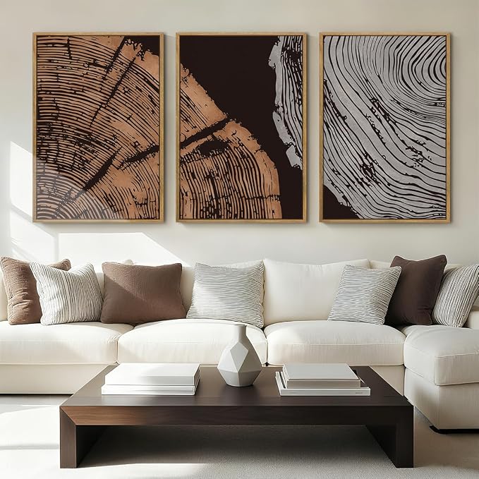 ANHUIB Tree Ring Wall Art 16x24 Inch Black Wall Painting Modern Wood Stump Wall Decor Neutral Minimalist Artprints Set of 3 for Living Room Bedroom Office