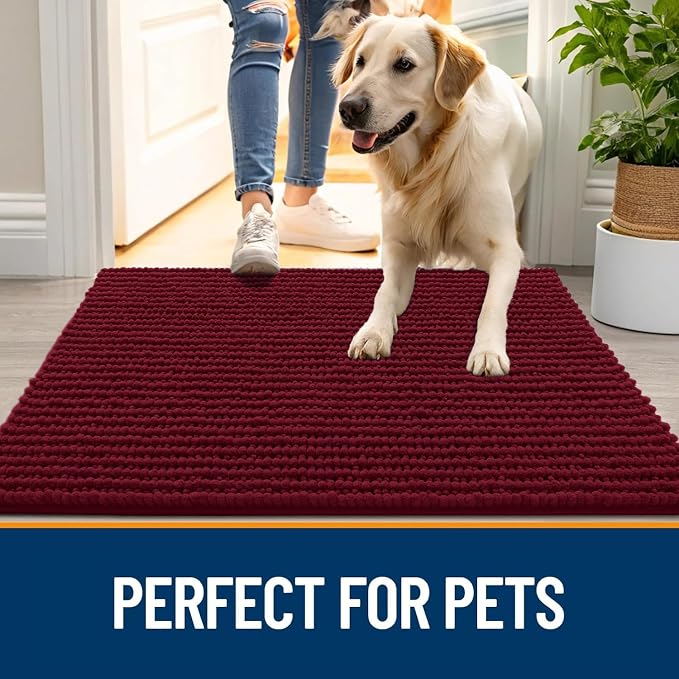 OLANLY Dog Door Mat for Muddy Paws 47x24, Extra Absorbent Chenille Mud Mat | Burgundy, Absorbs Moisture and Dirt, Non-Slip Machine Washable Doormat, Quick-Drying Indoor Entryway Floor Mat for Dogs