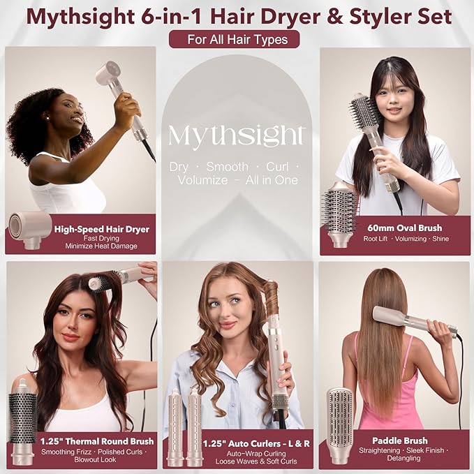 Mythsight Dual Voltage StyleVibe 6-in-1 Air Styler, Hair Dryer & Blow Dryer Brush with Travel Case - Auto Wrap Curls (L/R), Fast Drying, Thermal Brush for Blowouts & Frizz-Free Volume, No Heat Damage