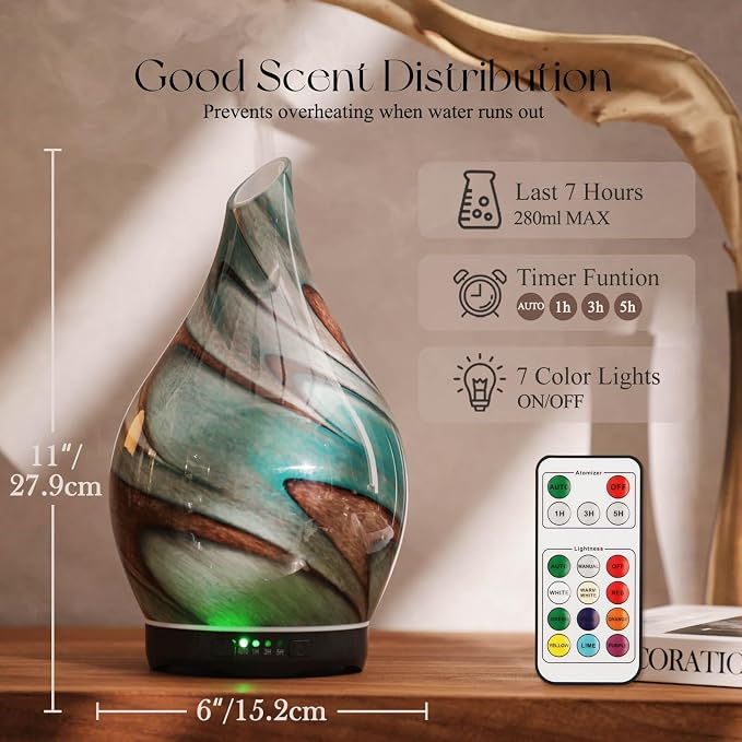 Porseme 280ml Essential Oil Diffuser Glass Color Changing Aroma Air Diffusers Aromatherapy Ultrasonic Cool Mist Humidifier with Remote Control 7 Running Hours Waterless Auto-Off (Teal Green)