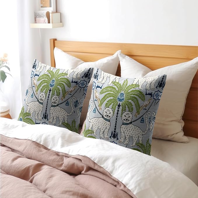 Animal Print Leopard Tropical Tree Pillow Covers 24X24 Inch Set of 2 Vintage Asian Bird Decorative Pillow Cases Green White Grey Cotton Linen Cushion Case Farmhouse Home Decor For Sofa Couch Bed