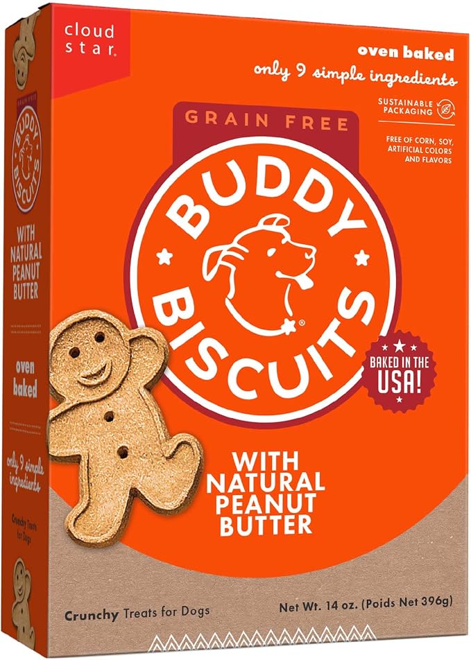 Buddy Biscuits Grain Free Dog Treats, Large Size Treat, Peanut Butter | Grain Free, Large Size Treat, Natural Peanut Butter, Simple Ingredients, Baked in the USA, 14 Oz.
