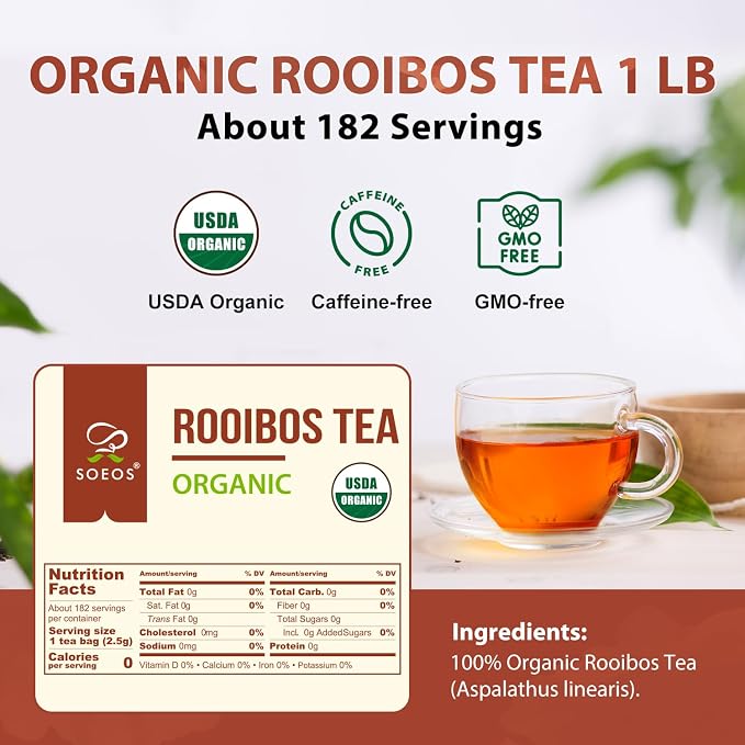 Soeos Organic Red Rooibos Loose Leaf Tea, 16 Ounce (1LB), Naturally Caffeine-Free Herbal Tea, USDA and Non-GMO Certified, Gluten Free, Keto Friendly, Rich Aroma & Smooth Flavor, South African Grown, Perfect for Hot or Iced Tea
