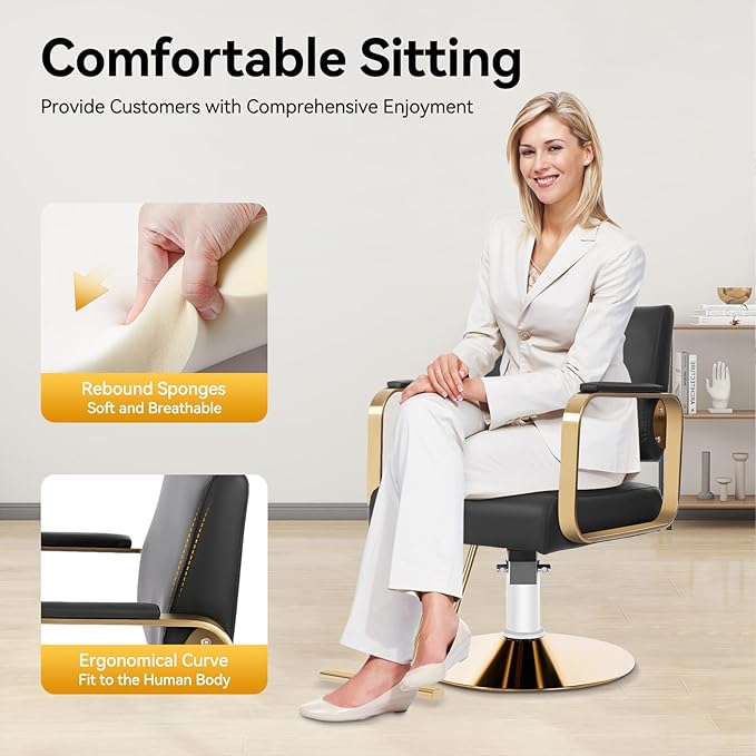 Salon Chair for Hair Stylist, Hydraulic Barber Chair with 360° Swivel, Height Adjustable Styling Chair for Barbershop, Beauty Salon, Tattoo & Spa Equipment, Black and Golden, 4Pcs