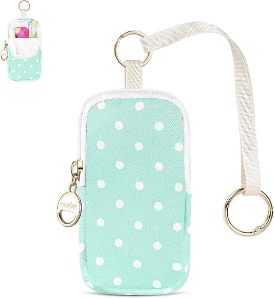 Tampon Holder for Purse, Cute Period Bag with Wristlet Strap, Portable Tampon Bag Organizer Case for Feminine Products (Green Dots)